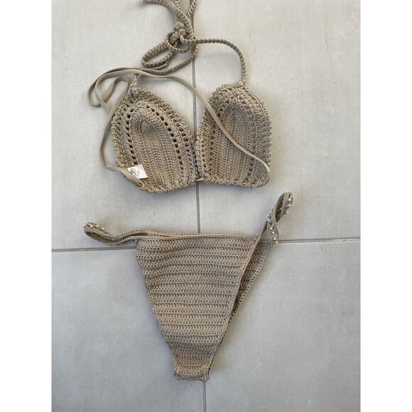 JMP Label Bikini Swim Cabo Crochet Pearl Triangle Swimsuit Pebble - Picture 6 of 13